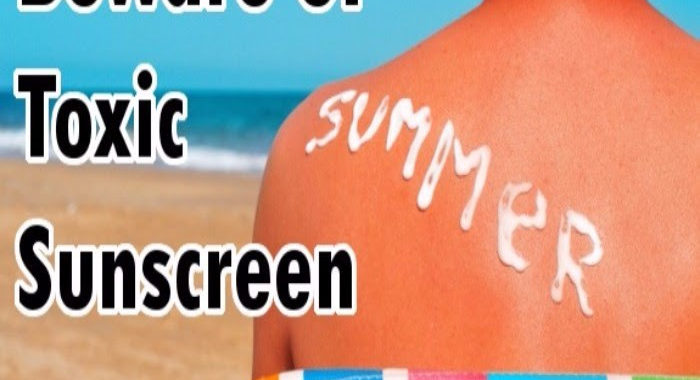 Image of a bare backed person sitting at the beach with the words "Beware of toxic sunscreen"