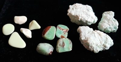 Image of 5 Lemon Chrysoprase, 4 polished Chrysoprase and 3 raw Chrysoprase crystals