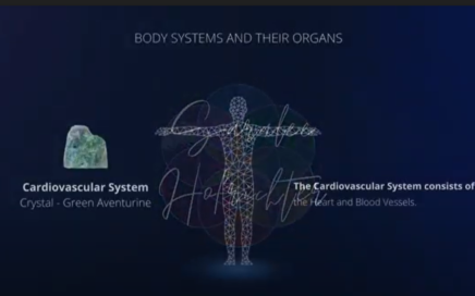 Background image of cardiovascular system with a green aventurine crystal