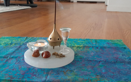 Photo of a Crystal offering plate with crystals, candle, incense, water and tobacco