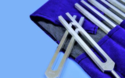 Set of tuning forks on blue velvet bag