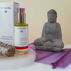 Photo of amethyst, lavender sage and Dr. Hasuchka Moor Lavender Calming Body Oil