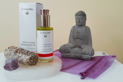 Photo of amethyst, lavender sage and Dr. Hasuchka Moor Lavender Calming Body Oil